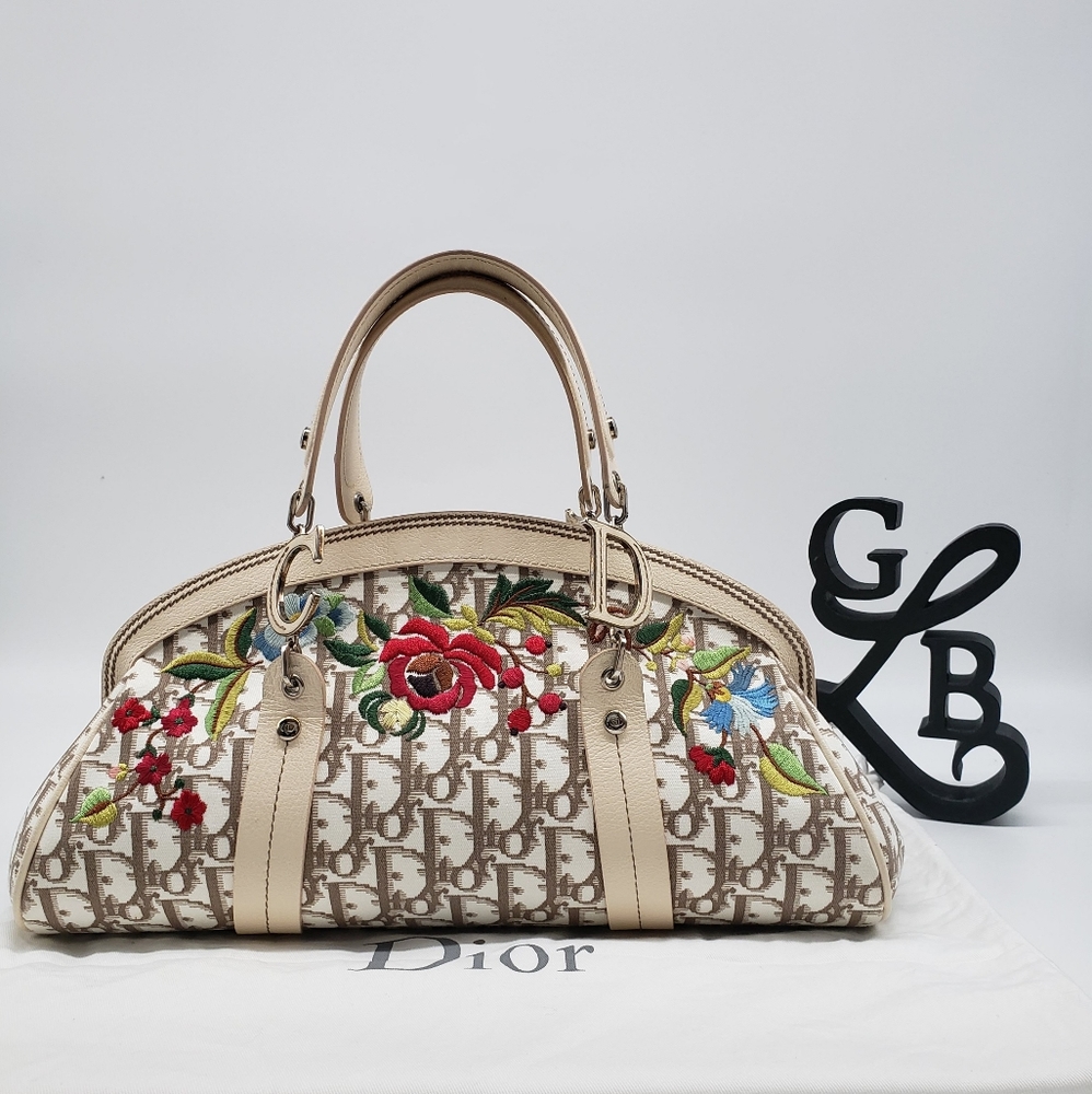 Auth Dior Oblique Floral embroided satchel